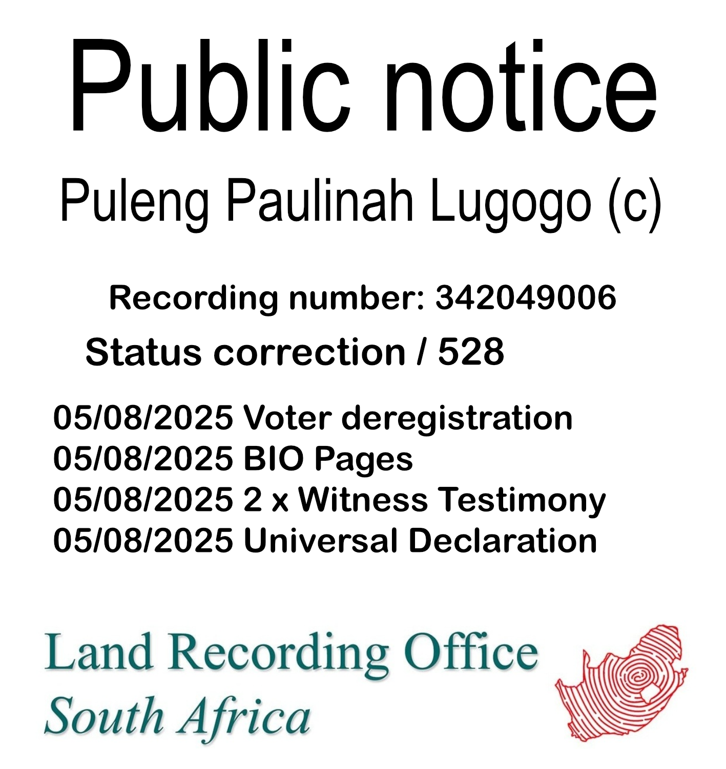 Public notice Puleng Paulinah Lugogo (c) Recording number 342049006